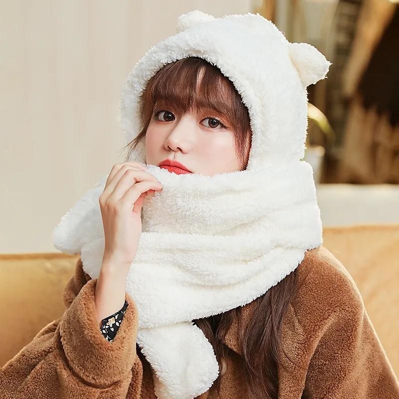 Plush bear hat, scarf, integrated women's winter scarf, cute winter versatile cycling, warm, plush ear protectors, and hooded.