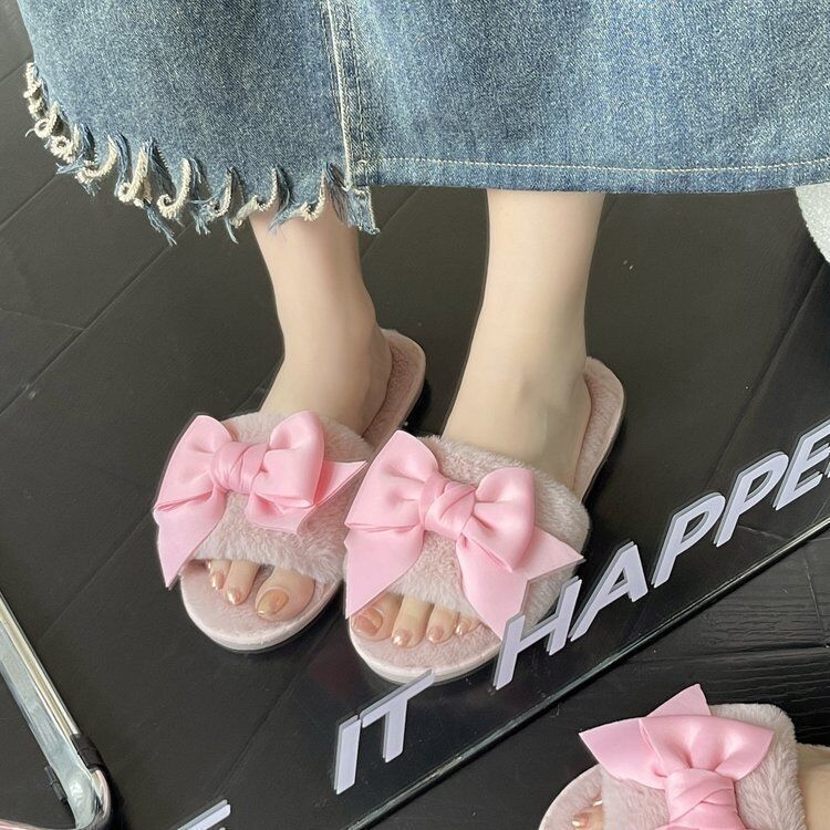 2025 Autumn and Winter Girl's Heart Bow Fluffy Slippers Women's Home Non-slip Cute Gentle Cotton Slippers
