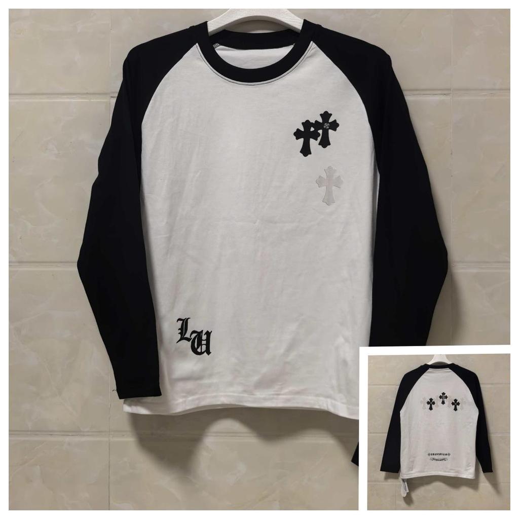25SS Kříž Chromové Kopyto Sanskrtský Potisk Černobílé Raglánové Tričko s Dlouhým Rukávem
