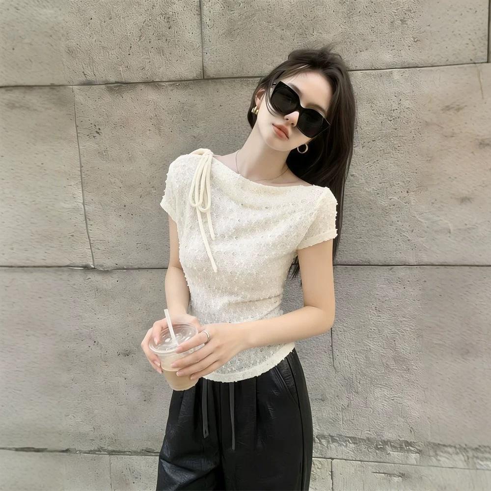Gentle wind irregular straps short-sleeved t-shirt women's summer new unique beautiful grainy slim lace top