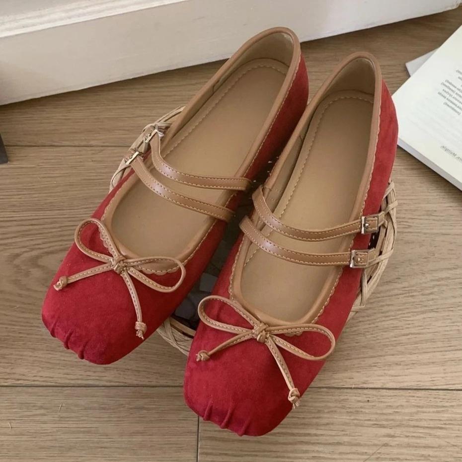 French Style Mary Jane Flats for Women Retro Suede Ballet Shoes with Bow Buckle Comfortable Soft Sole Square Toe Ballerinas Shoe 35