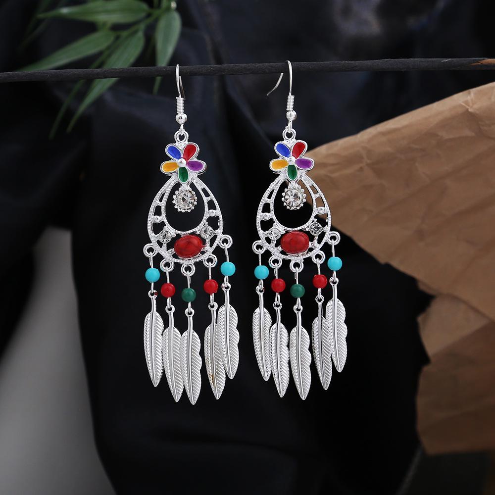 Ethnic Turquoise Feather Tassel Earrings - Bohemian Face-Slimming Dangle Accessories
