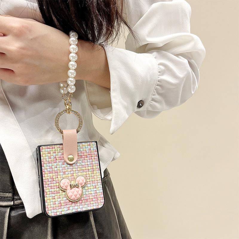 Woven Pattern Flip Phone Case for Samsung Zflip5 Folding Screen Pearl Hand Chain Xflip Rhinestone 4 Ring