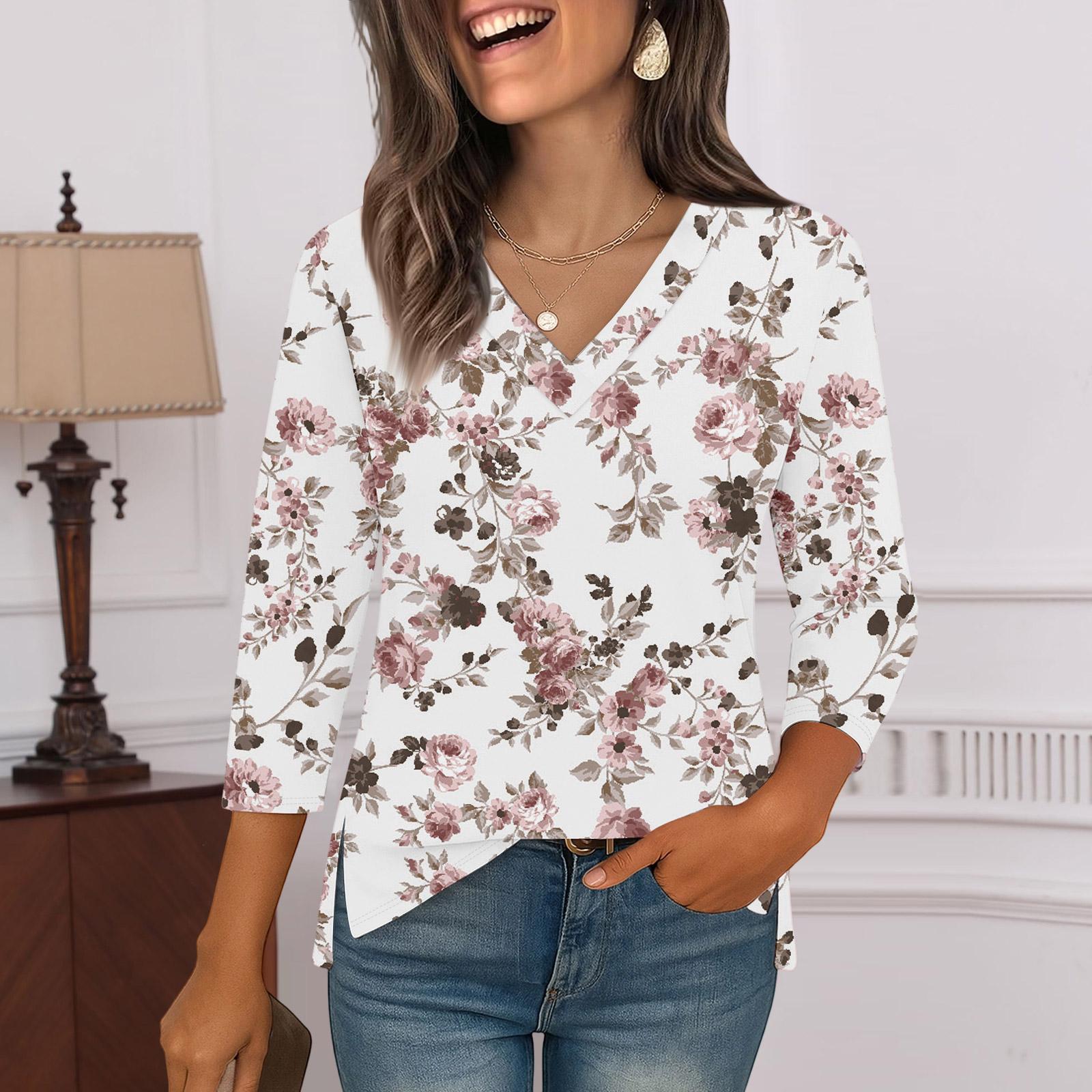 

3/4 Sleeve Shirts For Women Print Graphic Tees Blouses Casual Plus Size Basic Tops Pullover XL белый