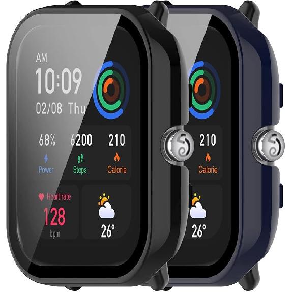 E ECSEM 2-Pack Compatible for Amazfit GTS 4 Mini Screen Protector Cover, Tempered Glass Screen + All-Round PC Matte Protector Case Set for Amazfit