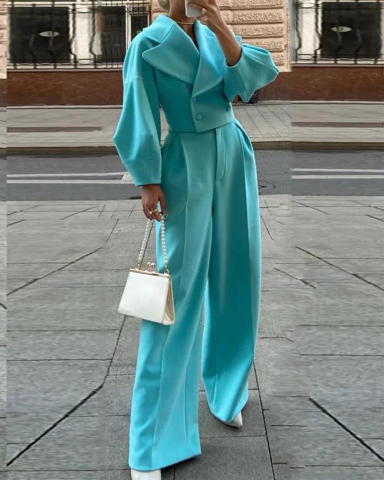 European & American Autumn/Winter Solid Color Wool Lapel Top & Casual Long Pants Set
