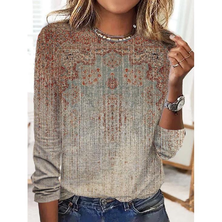 2026 New Women s Casual Round Neck Long Sleeve Loose Pullover Digital Print Women s T-Shirt S