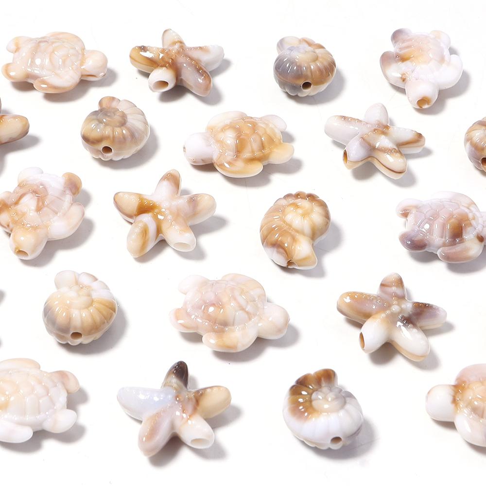50pcs/lot Ocean Animal Acrylic Beads Turtle Starfish Conch Beads Beige Loose Beads For Jewelry Making DIY Bracelet Accessories