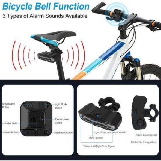 Smart Bike Tail Lights Rechargeable Wireless Bicycle Anti-Theft Vibration Alarm