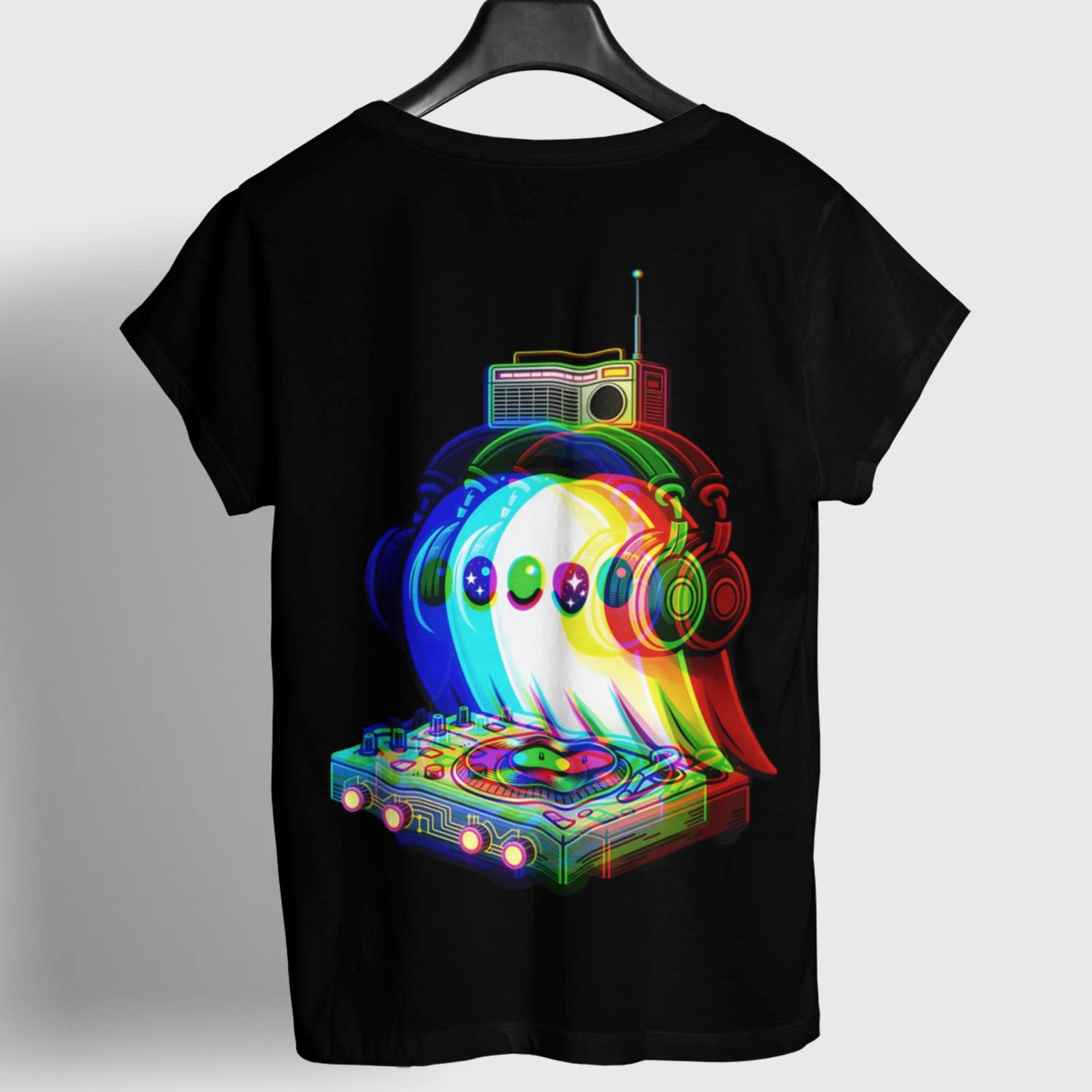 DJ Ghost T-Shirt Retro Neon Halloween Rave Music Festival Graphic Tee Back Print 4XL