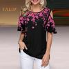 Damen T-Shirt Rundhalsausschnitt Kalte Schulter Kurzarm T-Shirt Lockere Passform Blumendruck Lässiges T-Shirt Für Den Alltag
