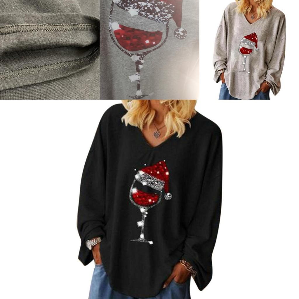 Trendy Womens Christmas Wine Glass V-neck Long Sleeve Pullover Blouse Tops
