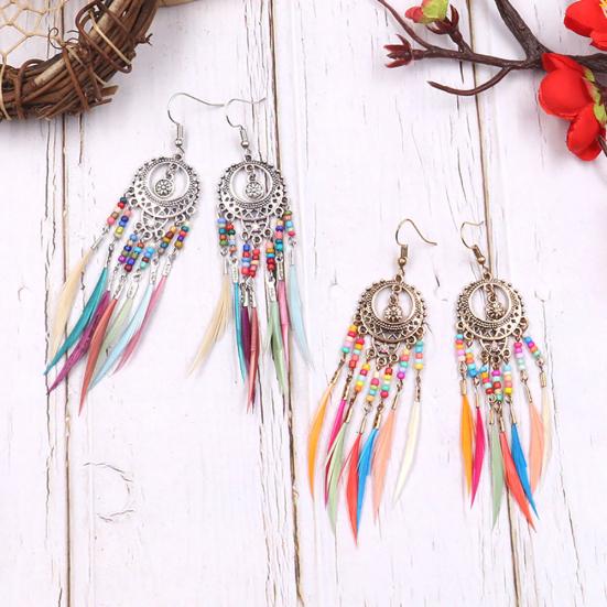 Boho Women Hollow Carved Circle Feather Tassel Dangle Hook Earrings Jewelry