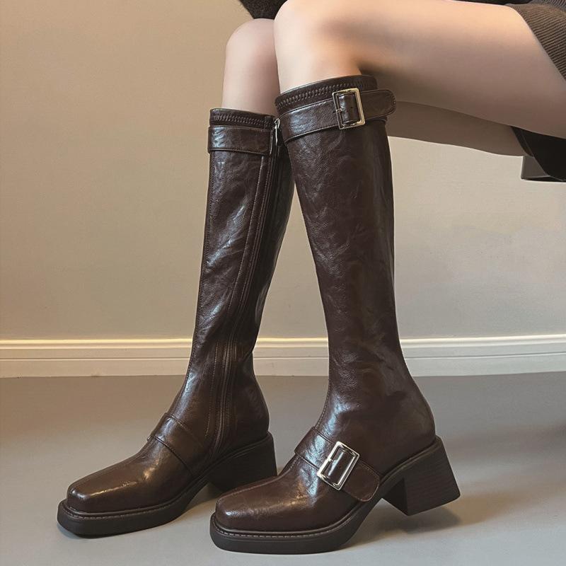Belt Buckle Long Women's Winter New Knight Boots Thick Heel Above Knee French Vintage Boots Women's Motorcycle Boots
