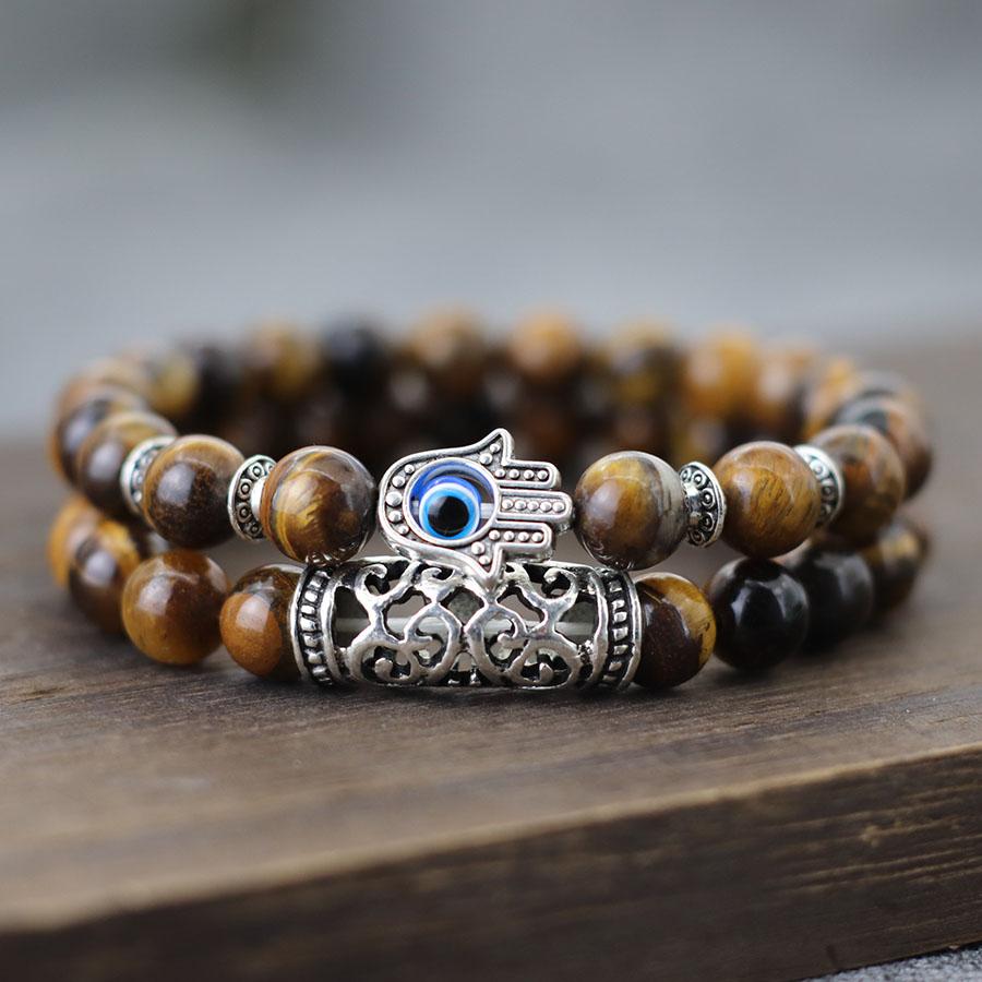 Retro 2Pcs Men Bracelet Set Turkey Evil Eyes Fatima Hand Braslet Natural Lava Sodalite Tiger Eyes Braclet Meditation Accessories