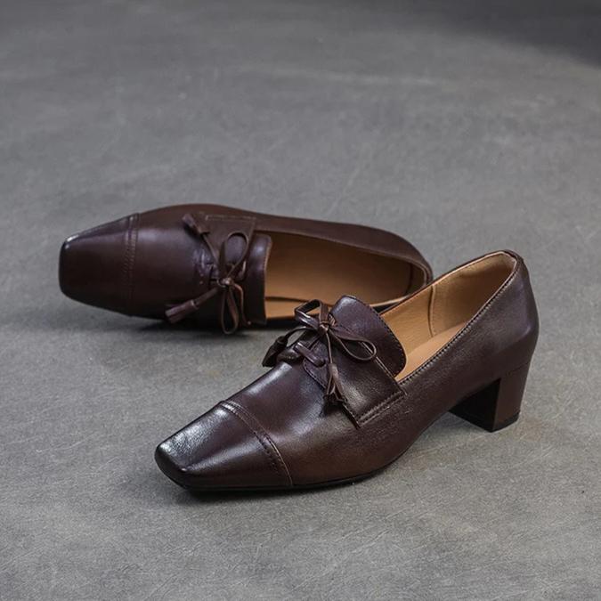 Johnature Retro Genuine Leather Pumps Square Toe Thick Heel Versatile Commuting Women's Shoes
