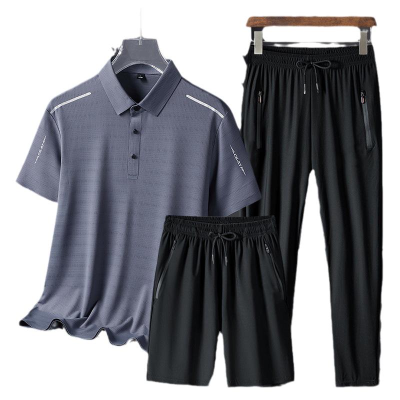 Men's Summer Ice Silk Sportswear Set: POLO Shirt, Short Sleeve, and Trousers, Plus Size, Three-Piece Set.