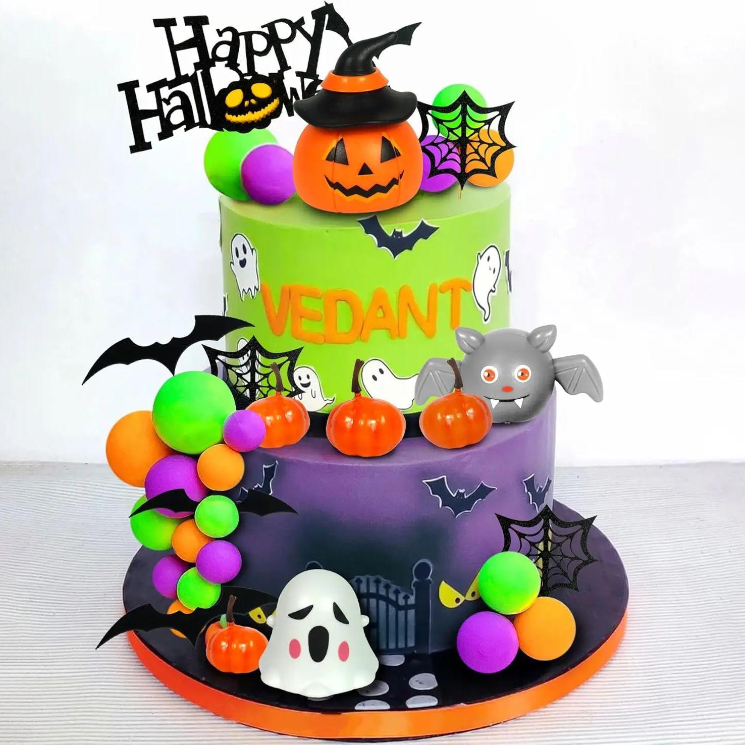 

39pcs Halloween Cake Toppers Evil Pumpkin Bat Ghost Spider Foam Balls Cake Decorations for Halloween Carnival Party Supplies
