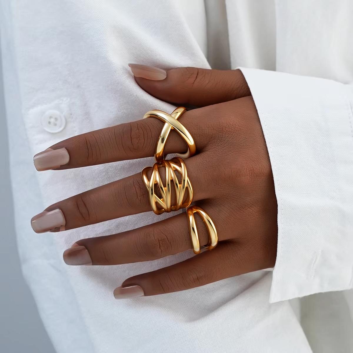 

3Pcs/Set Vintage Irregular Hollow Out Rings For Women Simple Smooth Gold Color Opening Adjustable Finger Ring Daily Wear Jewelry
