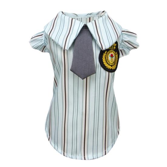 

Pet Preppy Dress Shirt Summer Puppy Fly Sleeves Embroidered Badge Tie Striped Dress Top Breathable Pet Costume Outfit Apparel for Small Dogs Cats M