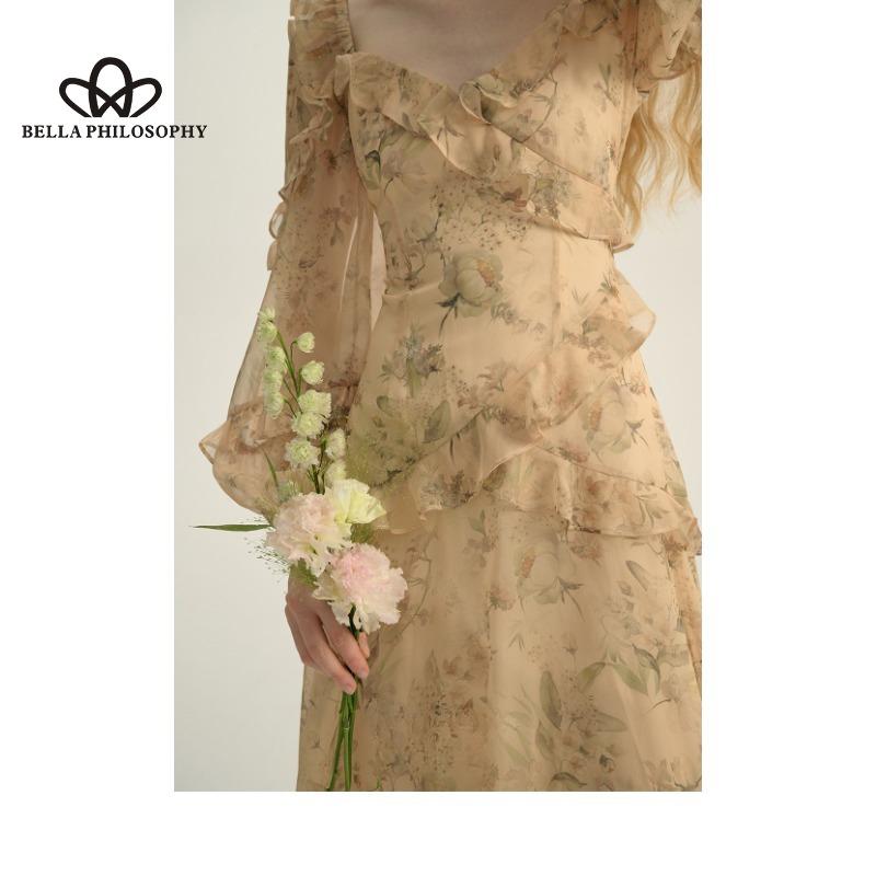 French Style Retro Elegant Floral Dress Fairy Long Dress Chiffon Dress Long Sleeve Seaside Holiday Long Sleeve Irregular Hem Dress