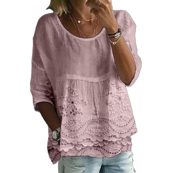 

Women T-shirt Round Neck Half Sleeve Embroidery Flower Pattern Loose Hem Tee Shirt Pure Color Pleated Design Summer Tops S розовый