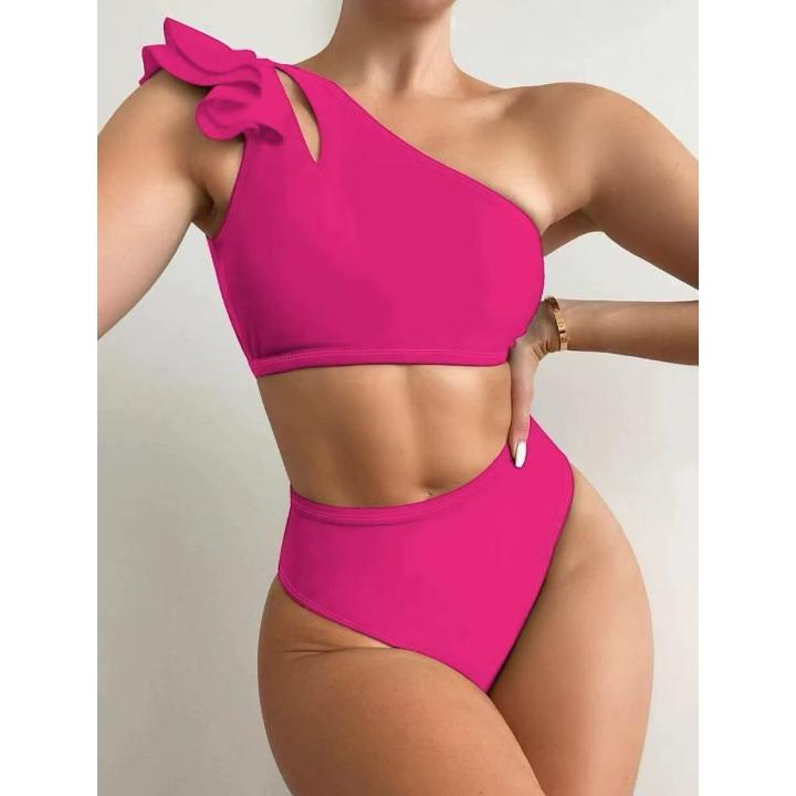 2025 Solid Color Sexy Two-piece High-waisted Single-shoulder Fringed Women's Bikini, Multi-color Available Swimwear