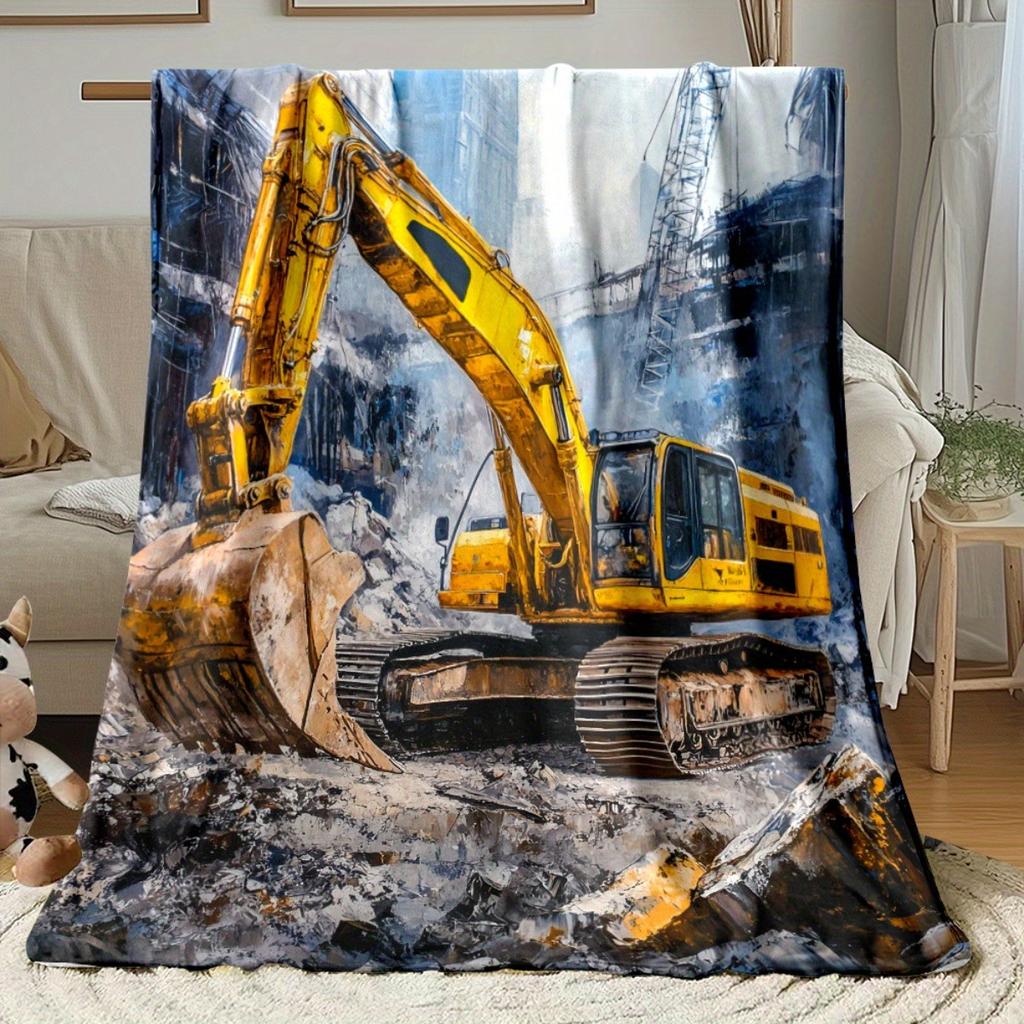 Construction Excavator Print Flannel Blanket Soft Lightweight for Sofa Camping Travel Home Office Use