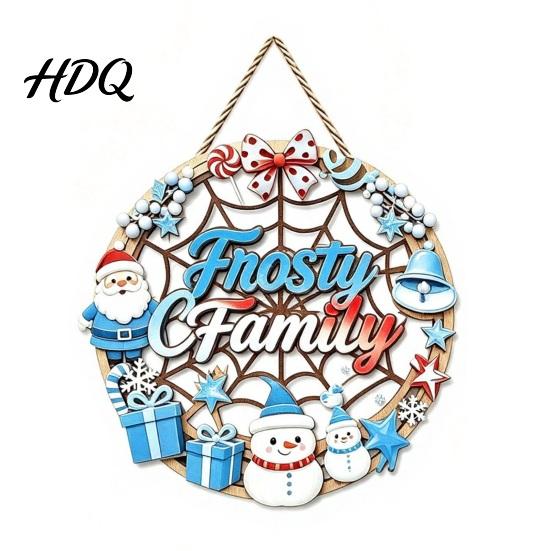 Snowman Gift Theme Decoration Christmas Door Sign Double Sided Hanging Wooden Plaque for Front Door Decor Rustic Holiday Wall Indoor Outdoor