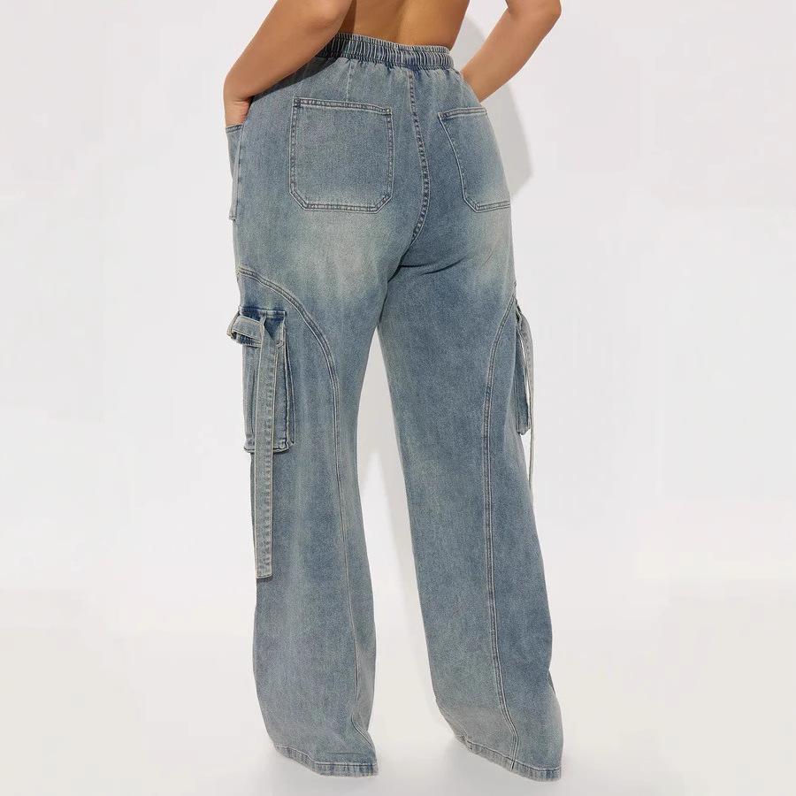 Women's Y2K Loose Fit Wide Leg Jeans Multiple Pockets Elastic Waist Denim Trousers Casual Pants