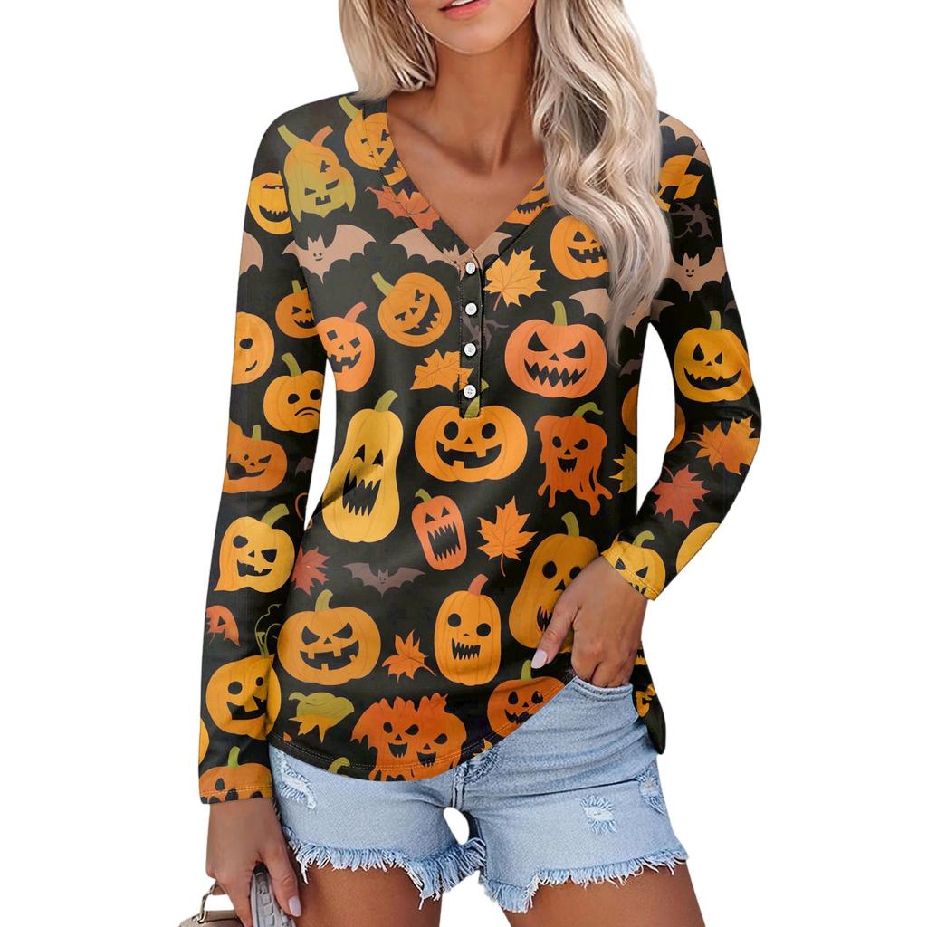 Women's Casual Fashion Sexy Comfort Halloween Printed V-Neck Button Long Sleeve