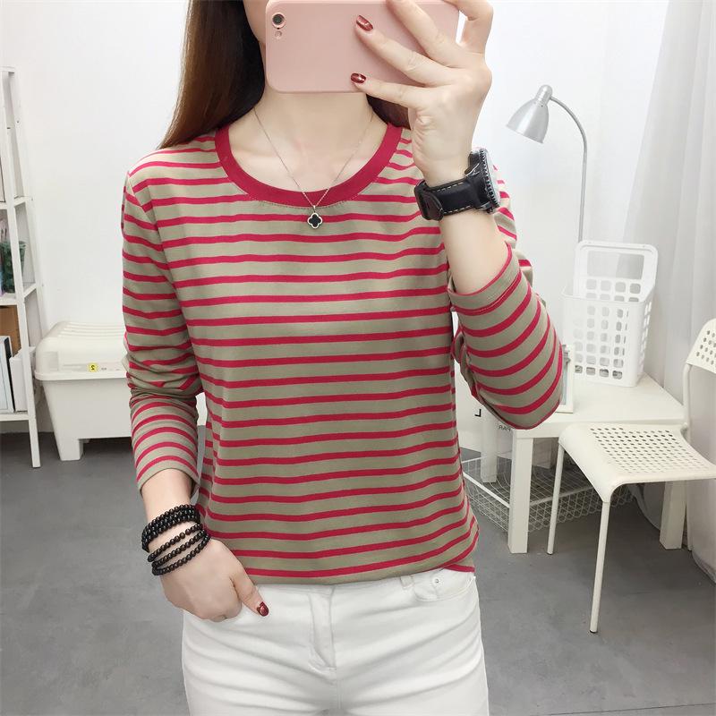 Women's Plus Size Striped Long Sleeve Cotton T-Shirt - Autumn Collection for Middle-Aged Moms