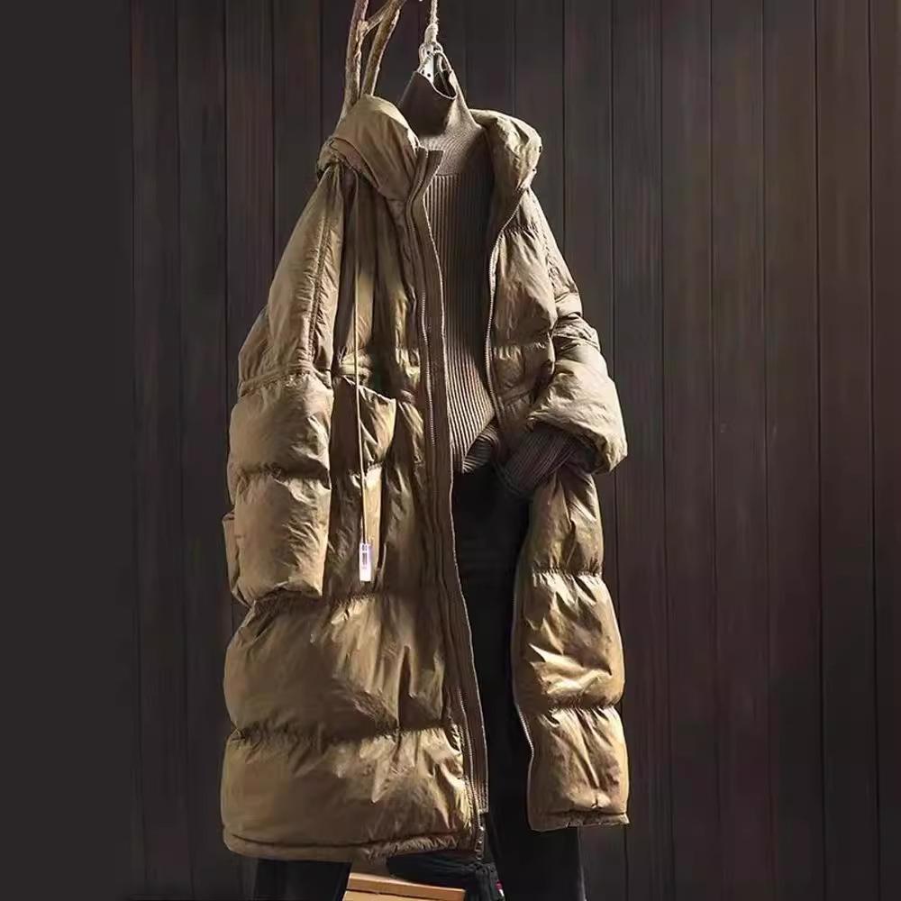 

Пуховик женский длинный 2024 новая зимняя одежда мода свободный большой размер утолщенный теплый до колена белый утиный пуховик One size темно-коричневого