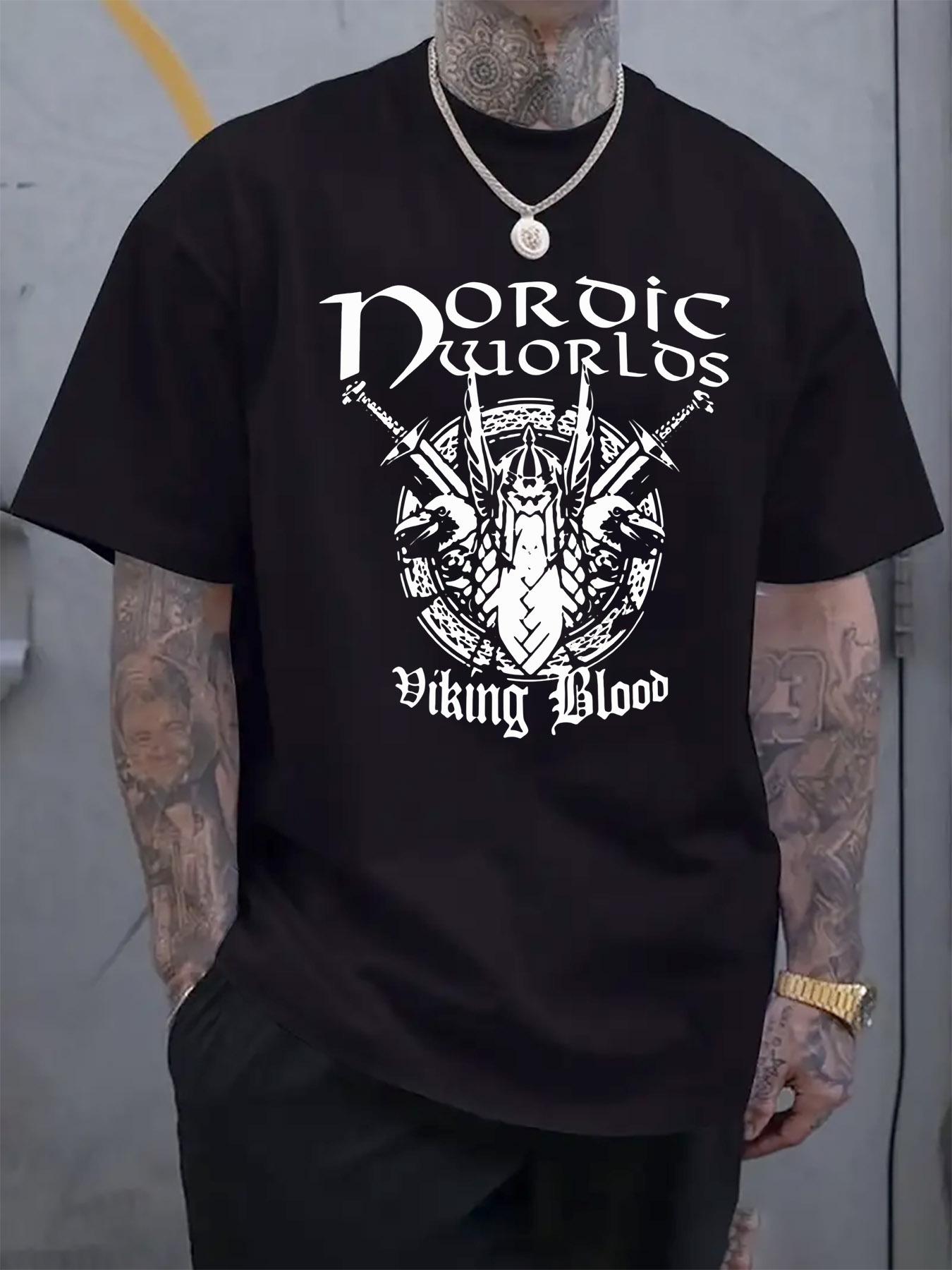 Norse Viking Graphic T-shirt - Casual Crew Neck Short Sleeve Tee with Detailed Viking Ship Design M