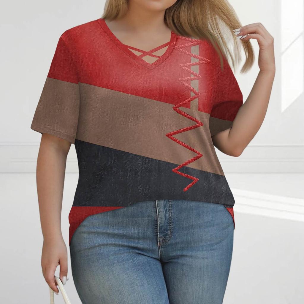 Women's Fashion Casual Solid Colour Stripe Printed V-Neck Short Sleeve Large Size T-Shirt Top