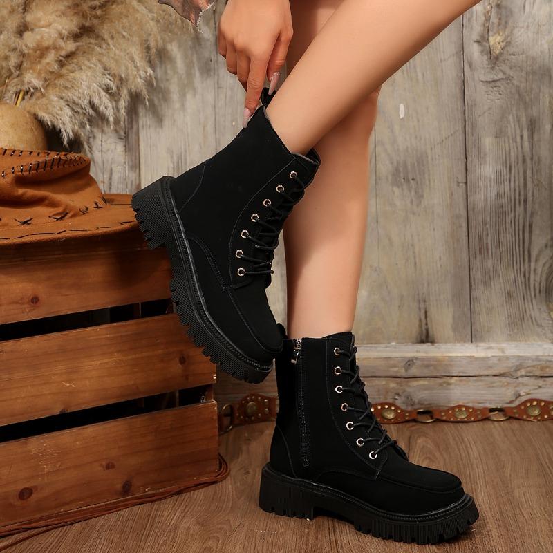 Fashion Mid Heels Women Platform Ankle Boots Fashion Lace Up Suede Shoes 2025 Winter New Trends Comfort Shoes Chelsea Pumps Boots Mujer