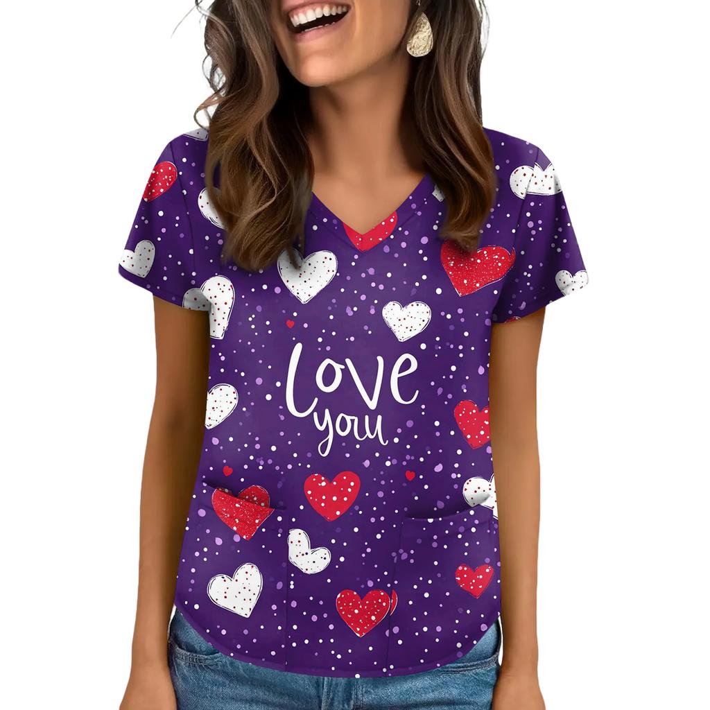 Women's V-neck Valentine's Day Printed Short-sleeved Top With Pockets And Side Slits, Suitable For Caregivers.