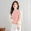 French Retro College Style Long-Sleeve Round Neck Spliced Two-Piece Shirt for Women