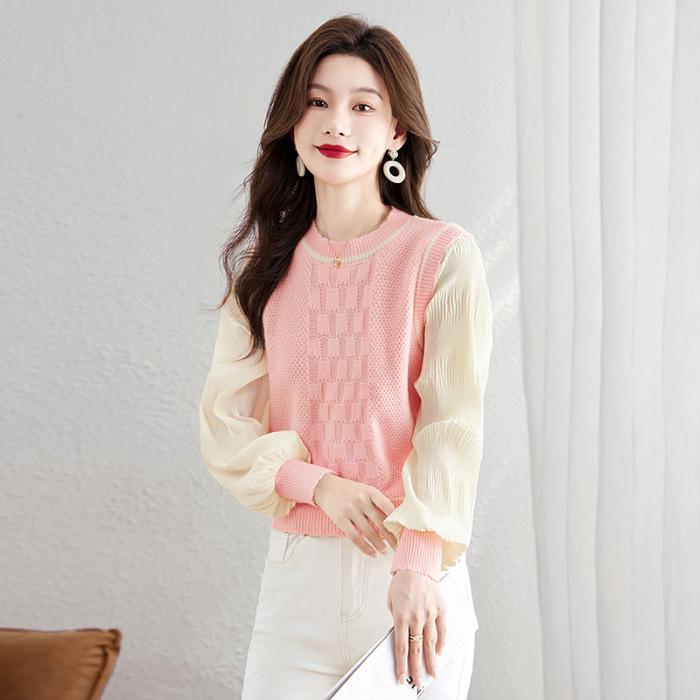 French Retro College Style Long-Sleeve Round Neck Spliced Two-Piece Shirt for Women