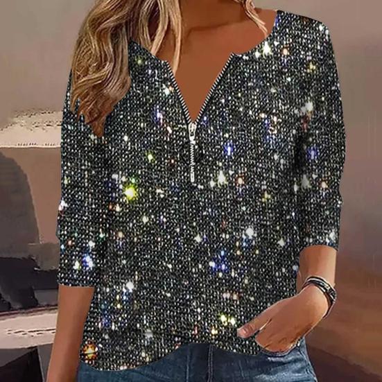 Damen-Shirt mit Rundhalsausschnitt, Reißverschluss, halbe Knopfleiste, Langarm-Pullover, glitzernde Pailletten, reguläre Passform
