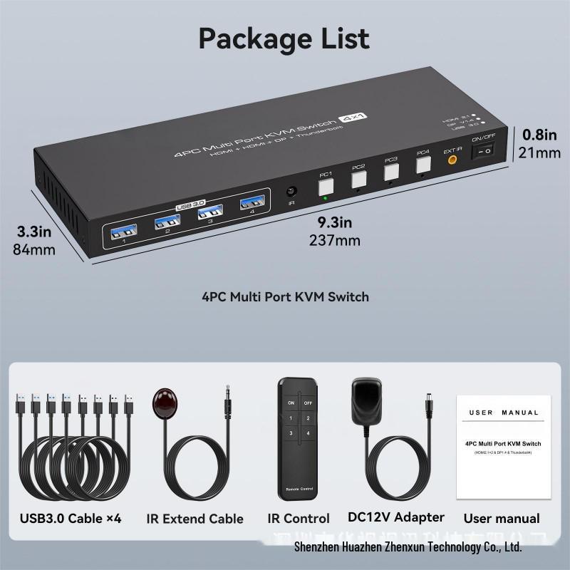 8K@60 KVM-Switch: 2 HDMI-Eingänge, 1 DP-Eingang, 1 Typ-C-Eingang, 1 HDMI-Ausgang, USB 3.0.