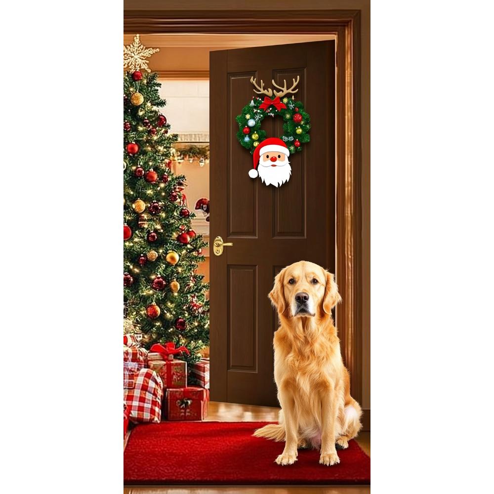 Sitting Santa Claus Linings for Christmas Doors Christmas Decorations 2025 Santa with Puppy Door Cover Indoor And Outdoor Decors