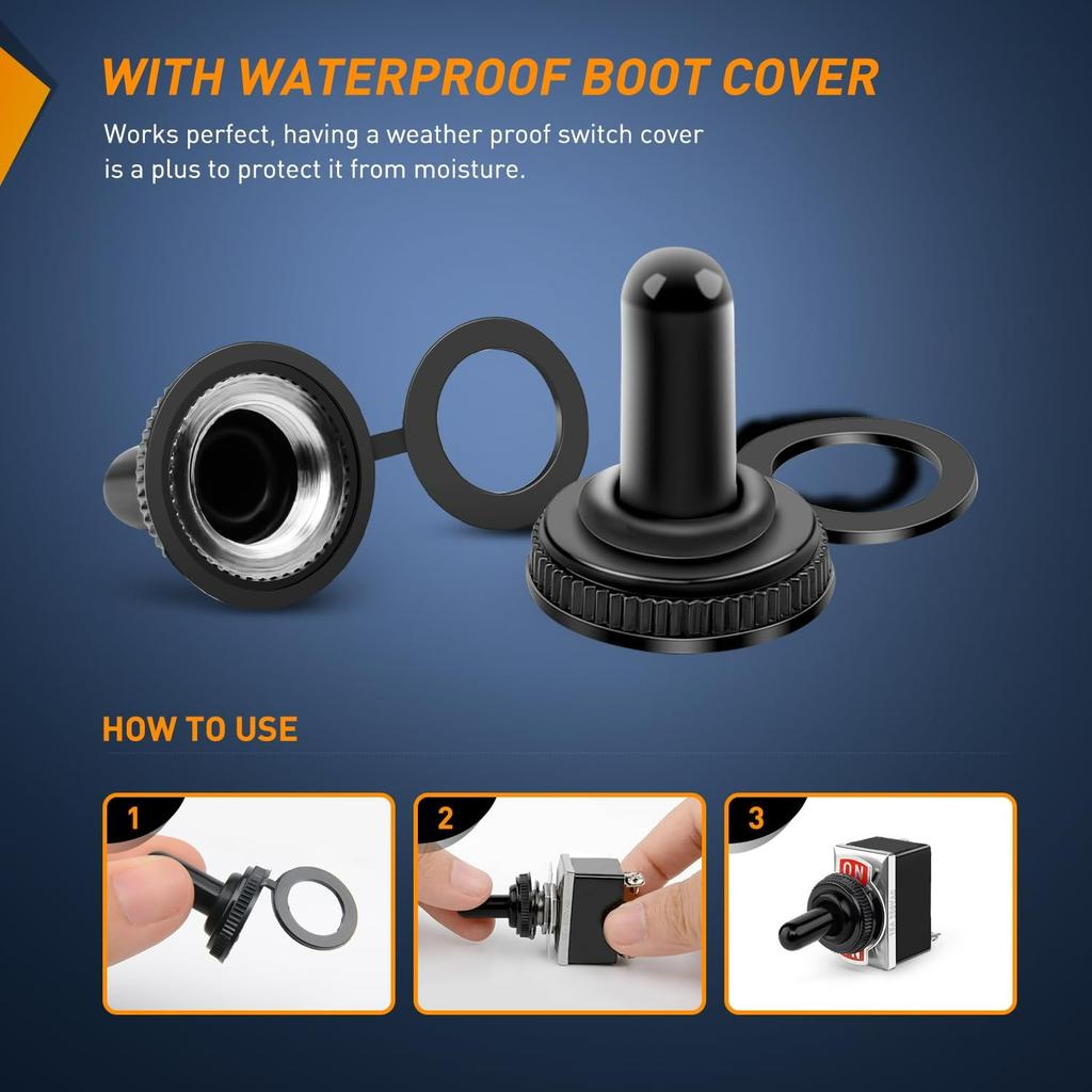 90012E Heavy Duty Rocker Toggle 15A 250V 20A 125V SPST 2Pin ON/Off Switch Metal Bat Waterproof Boot Cap Cover-5 Pack, 2 Years Warranty
