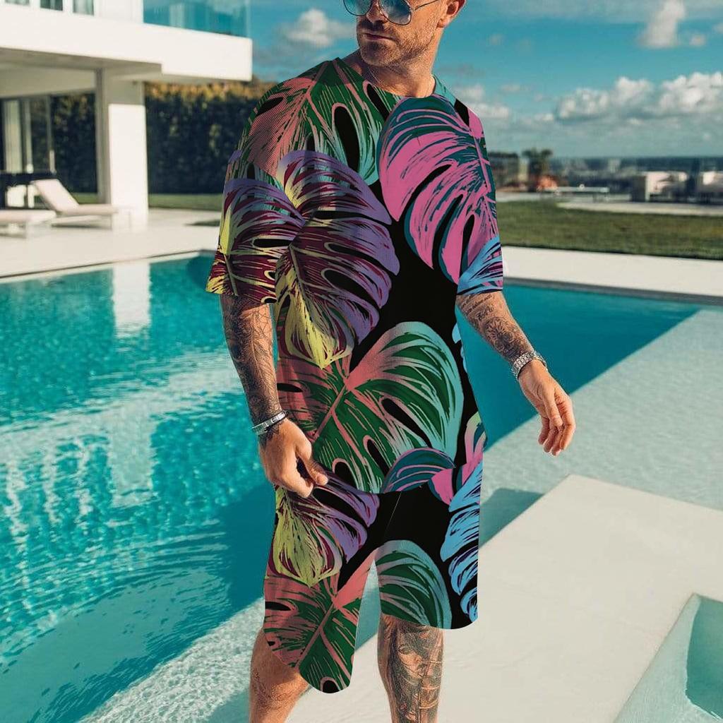 Men's Hawaiian Full Print Suit Casual T-shirt Beach Pants Suit Daily Stylish Men Short-sleeve Top New Mens Tees Short