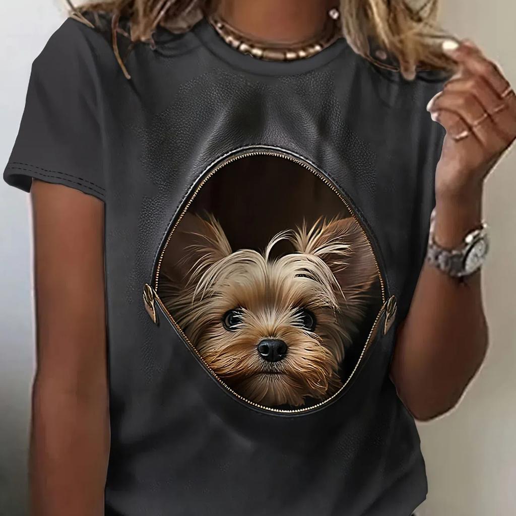 Lustige Damen-T-Shirts mit Cartoon-Hund, Zeichentrickfiguren, süßes T-Shirt mit 3D-Druck, lässiges Kurzarm-Oberteil mit Rundhalsausschnitt, weibliche Kleidung