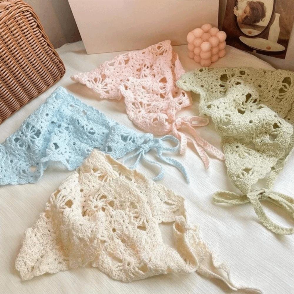 Floral Triangle Turban Pastoral Style Women Hair Scarf Cute Crochet Flower Bandana Summer