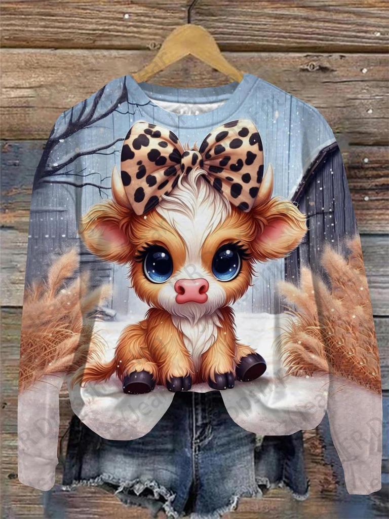 Damen T-Shirt 3D Cartoon Tier Kuh Print Sweatshirt Casual Oansatz Hoodie Mode Frauen Sweats Frühling Herbst Mantel Sudaderas Femme