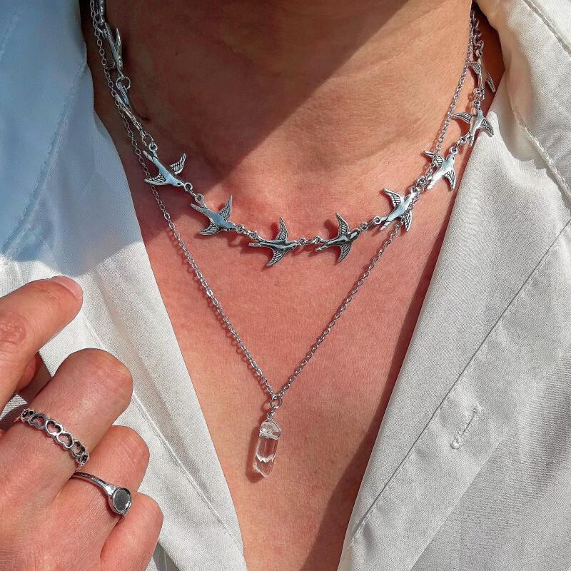 Creative Metal Flying Bird Splicing Choker Necklace for Women Men New Double Layer Stacking Pendant Necklace Jewelry Accessories