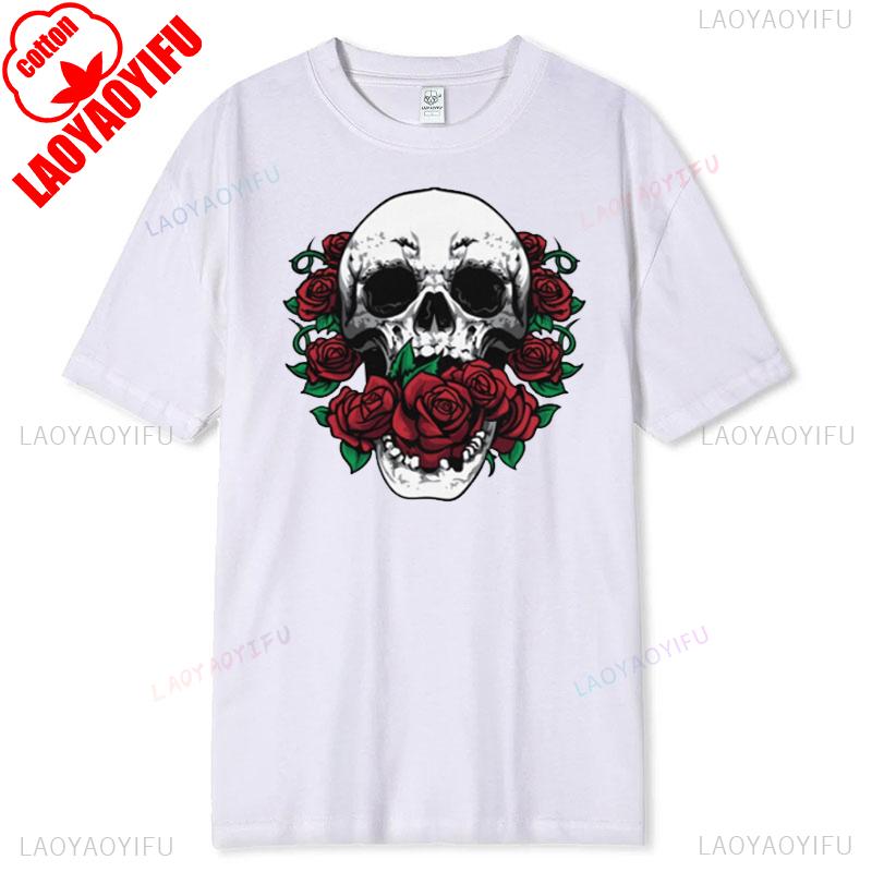 Skull and Red Roses Skeleton Gothic Hipster Novelty ShortSleeve Unisex TShirt Skeleton and Flower Pattern Cotton Casual Shirt