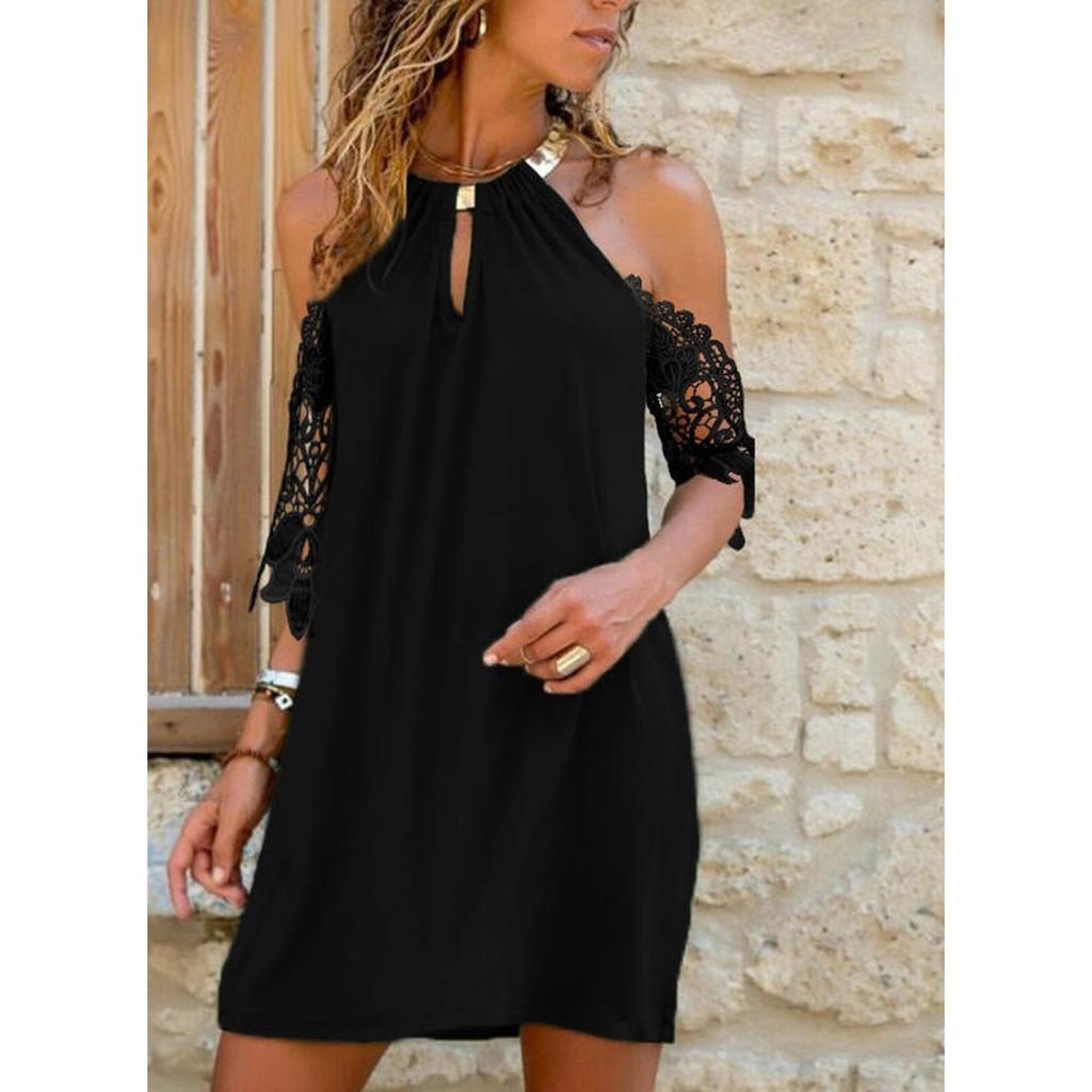 Summer Fashion Women's Sleeveless Strapless Halter Pure Color Lace Hollow Casual Short Mini Dress